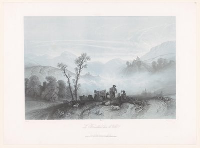 Hyrder med køer og får i en tåget dal Le Brouillard dans la Vallée (titel på objekt) af Fortuné Ferogio