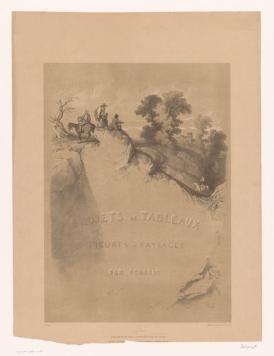 Titeltryk med klippelandskab og rejsende langs en kløft Landskabs- og figurstudier af Férogio (serietitel) Projets de tableaux de figures et paysages, par Férogio (serietitel på objekt) af Fortuné Ferogio