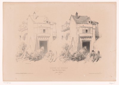 Lastbilchauffør med hest og vogn hviler ved en port Tegnekursus med studier af landskaber, dyr og detaljer (serietitel) Kursus designet. Paysages, figurer, animaux, tilbehør, af Férogio (serietitel på objekt) af Fortuné Ferogio
