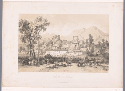 Udsigt over en landsby med et dyremarked i en dal Le Marché aux Bestiaux (titel på objekt) af Fortuné Ferogio