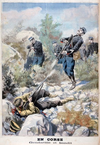 En pistolkamp mellem en bandit og gendarmeriet, Korsika, 1898 af Fortuné Méaulle