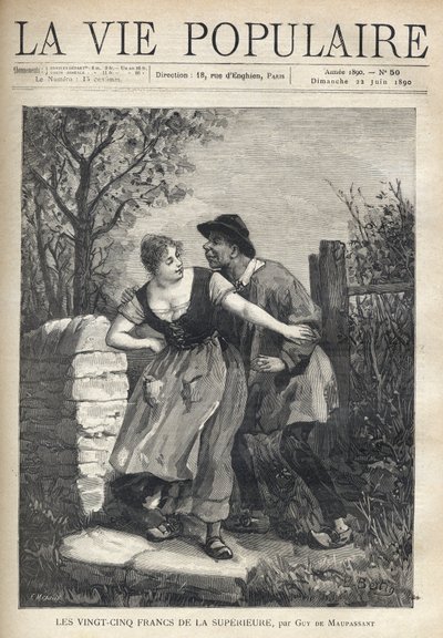 Et par bønder, manden i bluse og hov, sprang den unge kvinde, som skubbede ham tilbage med et smil og lys. Illustration af E. Bertin for Les 25 francs de la superieure af Guy de Maupassant (1850-1893). Gravering af Fortune Meaulle (184 af Fortune Louis Meaulle