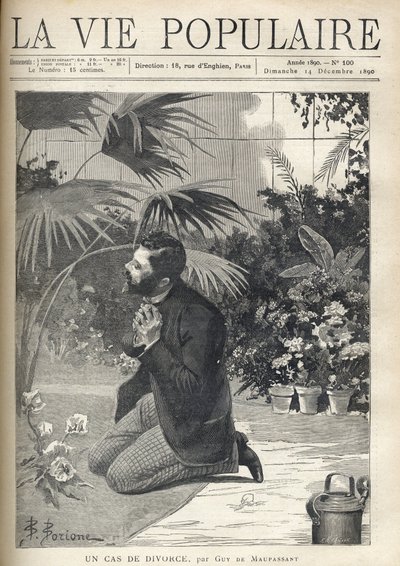 En desperat mand beder på knæ i et drivhus. Illustration af F. Meaulle efter B. Borione til "A case of divorce" af Guy de Maupassant (1850-1893). Stik fra 1890 i "La vie populaire". Privat samling af Fortune Louis Meaulle