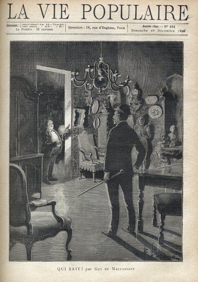 En mand overrasker en ubuden gæst derhjemme midt om natten. Illustration af F. Meaulle efter B. Borione for "" Hvem ved? "" af Guy de Maupassant (1850-1893). Stik fra 1890 i "La vie populaire". Privat samling af Fortune Louis Meaulle
