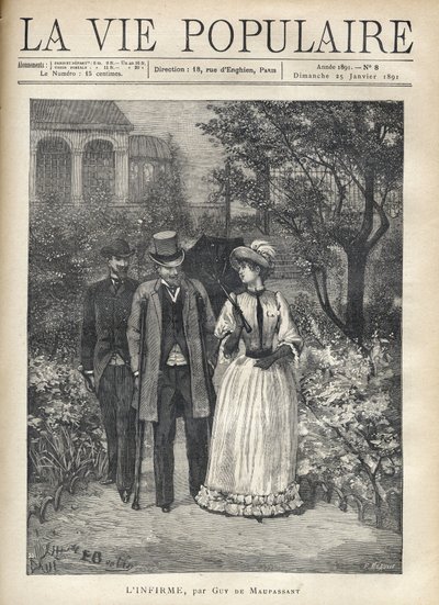 En mand med bequilles går med en elegant ung kvinde i gyderne i en park. En anden mand følger efter dem. Illustration af Fortune Louis (Fortune-Louis) Meaulle for "" L
