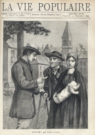 En sygeplejerske, der holder en ny svøb, ledsaget af sin far, en gammel bonde, møder med et beslutsomt blik en mand fra borgerskabet, som omhyggeligt læser en avis, på pladsen i en provinslandsby. Illustration af Rene Schutzenberger (1860-1916), for Thir af Fortune Louis Meaulle