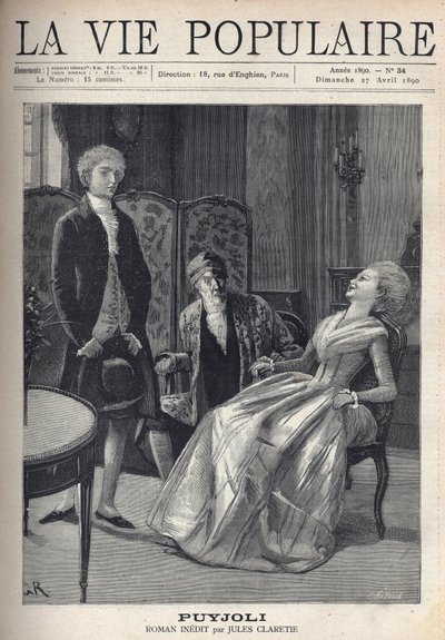 En smuk blond ung mand, der ser dårligt ud, lige efter at have stillet sit frieri, ser pigen blive fanget med et grin, væltet over på sin stol, under hendes fars ebahis øjne. Illustration til Puyjoli af Jules Claretie (1840-1913). Gravering af Fortune Meau af Fortune Louis Meaulle