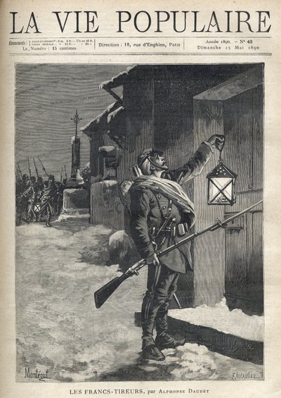 En soldat, der bar al sin barda, en bajonetriffel og viftede med en lanterne foran den lukkede dør til et byhus. Bag ham, nær Jernkorset, ankommer resten af truppen for at slutte sig til ham. Illustration af Montegut (?), for Les Francs Shoirers af Alph af Fortune Louis Meaulle