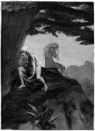 Adam og Eva. Tegning af grave af Meaulle, der illustrerer Victor Hugos digt "Les misheureux", i samlingen "Les contemplations", udgave Paul Ollendorff, begyndelsen af det 20. århundrede. af Fortune Louis Meaulle