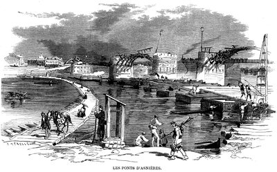 Efter branden af broen i Asnieres under belejringen af Paris i 1870 blev der installeret en bådbro (bådbro) - på denne gravering af Meaulle (ca. 1870) er en anden trækonstruktion ved siden af broen detruit - Commune de Paris -. af Fortune Louis Meaulle