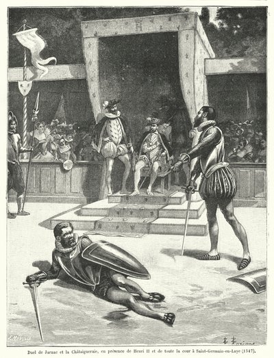 Duel mellem Guy Cabot de Jarnac og Francois de Vivonne, Seigneur de la Chataigneraie foran kong Henrik II af Frankrig og hele hans hof ved St. Germain-en-Laye af Fortune Louis Meaulle
