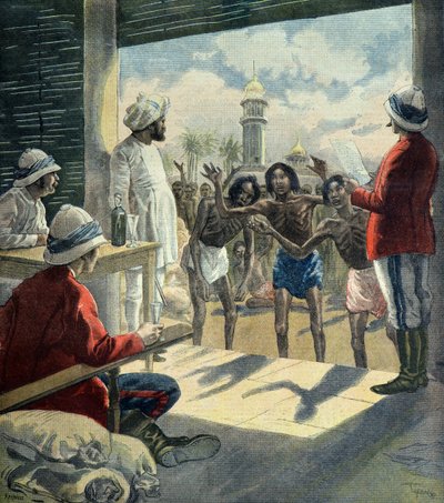 Hinduer kommer til englænderne for at få hjælp under den store hungersnød i 1896 - 1897 (kobberstik) af Fortune Louis Meaulle