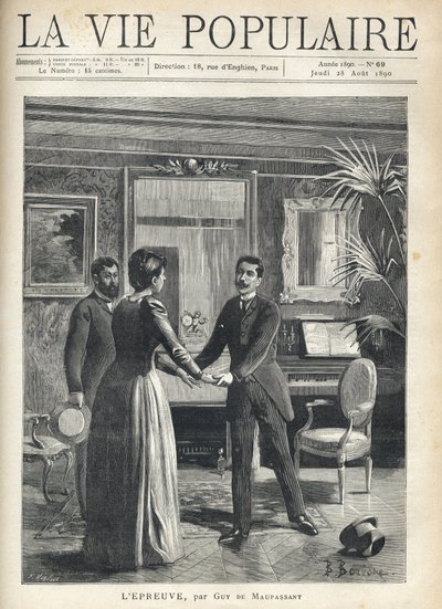 I en borgerlig stue rejser en mand sig nedbør mod husets elskerinde og tager fat i hendes hænder, mens han taber sin hat på gulvet, under en anden mands forbløffende blik. Illustration af Bernard Borione (1865-20. århundrede), til testen af Guy af Fortune Louis Meaulle