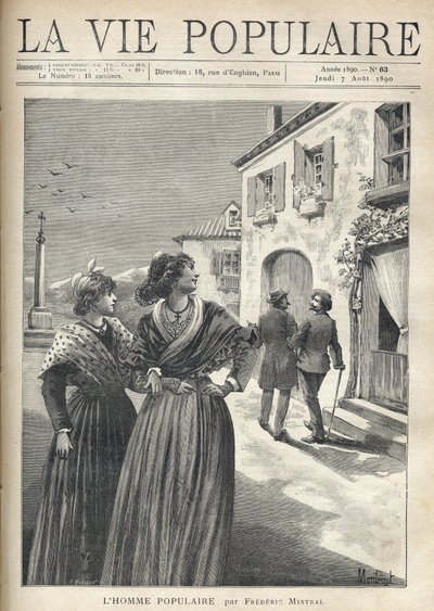 I gaderne i en landsby i Provence vender to smukke kvinder i provencalske kjoler tilbage til gaden for at konfrontere en mand, der selvsikkert vender sig mod deres øjne. Illustration af Montegut til The Popular Man af Frederic Mistral (1830-1914). Stik af  af Fortune Louis Meaulle