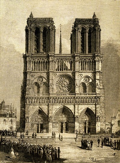 Notre Dame de Paris (Notre-Dame) i 1482: vestfacade og parvis. Kobberstik af F. Meaulle, baseret på en tegning af Viollet le Duc (Viollet-le-Duc), der illustrerer romanen af samme navn af Victor Hugo, udgave Ollendorff, begyndelsen af det 20. århundrede. N af Fortune Louis Meaulle