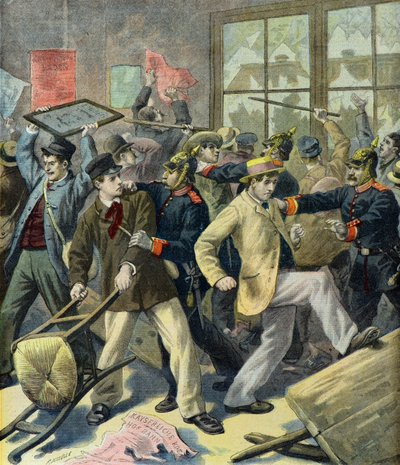 Oprør af værnepligtige fra Alsace Lorraine på tyske stationer (kobberstik) af Fortune Louis Meaulle