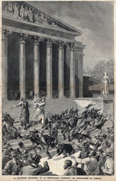Almindelig Valgret og Republikken, der jager købmænd fra templet - allegori om efterdønningerne af Panama-affæren - Indgravering af Meaulle af Henri Meyer af Fortune Louis Meaulle