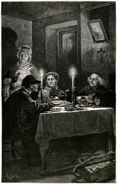 Victor Hugo "Les Miserables" Illustration af Lix graveret af Meaulle: Forcat og Eveque. Jean Valjean, som eveque Myriel tilbød hospitalet, vil begå sin sidste flugt: hans værts sølvtøj. På bordet står de to sølvlysestager af Fortune Louis Meaulle