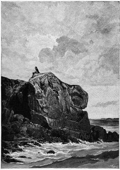 Victor Hugo i eksil på Jersey i 1855, på Proscriit-klippen. Gravering af Louis Fortune Meaulle (1844-1901), som Hugo sagde om: "Jeg tænker, il grave". af Fortune Louis Meaulle