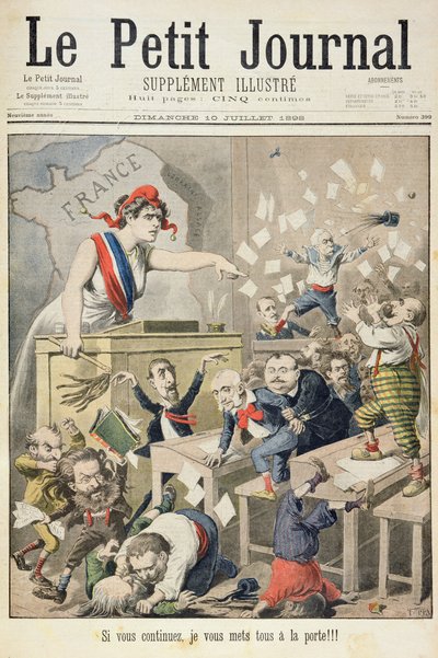 Titelside, der viser et rabalder i Deputerethuset, illustration fra det illustrerede supplement til Le Petit Journal, 10. juli, 1898 af Fortune Louis Meaulle and Henri Meyer