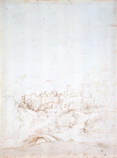 En italiensk bakkeby (recto) (pen, brunt og sort blæk på papir) (for verso se 152661) af Fra Bartolomeo