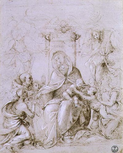 Madonna og barn på tronen med St. Johannes Døberen præsenteret af en engel og St. Monica (pen og blæk på papir) af Fra Bartolomeo