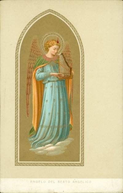 Engel, der spiller på et musikinstrument (chromolitho) af Fra (after) Angelico