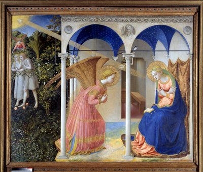 Bebudelsen (i baggrunden blev Adam og Eva fordrevet fra Paradiset), ca. 1445 (tempera og guld på panel) af Fra (c.1387-1455) Angelico