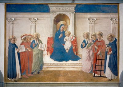 Jomfruen på tronen, Jesusbarnet og helgenerne, Vægmaleri af Fra (c.1387-1455) Angelico