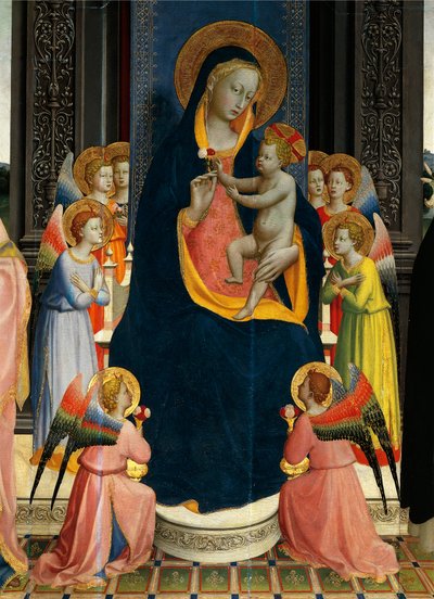 Madonna og barn tronet med hellige af Giovanni da Fiesole kendt som Fra Angelico (1400-cirka 1455), tempera på træ, detaljer af Fra (c.1387 1455) Angelico