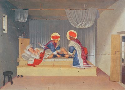 Altertavle, Jomfruen og Barnet omgivet af engle og otte hellige. The Predella: Saint Cosmas og Saint Damien transplanterer benet af en neger på en Justinian Deacon (tempera på panelet) af Fra Angelico