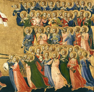 Christ Glorified in the Court of Heaven, detalje af musikalske engle fra højre side, 1419-35 (tempera på panel) (detalje af 4052) af Fra Angelico