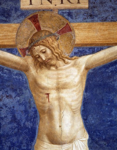 Kristus korsfæstet. Inskription "INRI" på korset, detalje af Fra Angelico