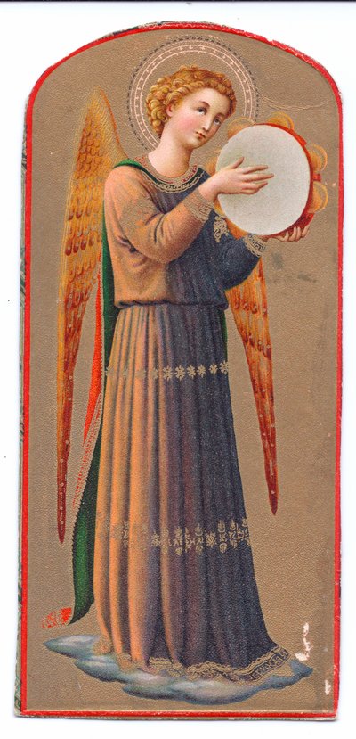 Farve litho print fra angelico engel, der spiller tamburin, ca. 1910 af Fra Angelico