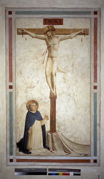 Korsfæstelse med Saint Dominic. Indskriften ""INRI"" på korset. Fresco af Guido di Pietro af Fra Angelico