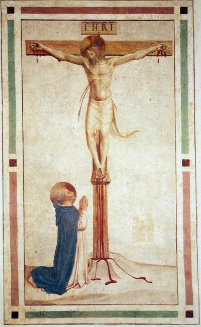 Korsfæstelsen med Saint Dominic. Indskriften ""INRI"" på korset. Fresco af Guido di Pietro af Fra Angelico