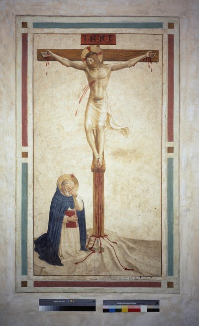 Korsfæstelsen med Saint Dominic. Indskriften ""INRI"" på korset. Fresco af Guido di Pietro af Fra Angelico