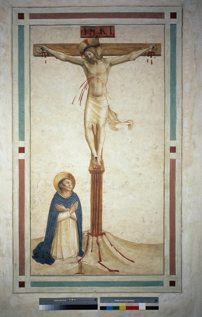 Korsfæstelsen med Saint Dominic. Indskriften ""INRI"" på korset. Fresco af Guido di Pietro af Fra Angelico