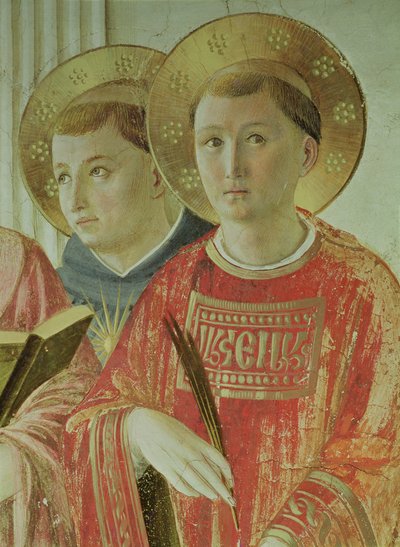 Madonna of the Shadow, detalje af St. Thomas Aquinas og St. Lawrence, fra korridoren på første sal (fresco) af Fra Angelico