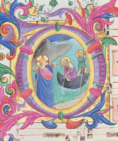 Missal 558 f.9r Historikert initial O, der afbilder det mirakuløse udkast til fisk (detalje af 88928) af Fra Angelico