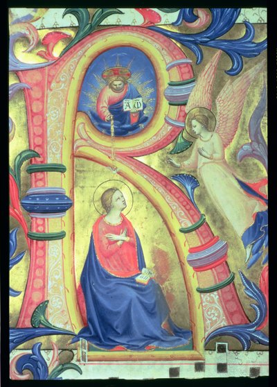 Ms 558 f.33v Bebudelsen afbildet i en historisk initial R, detalje fra et Missal, tidlige 1430