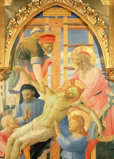 Santa Trinita altertavle, detalje af den døde Kristus, der sænkes fra korset, c.1434 tempera & guld på panel af Fra Angelico