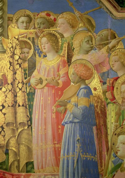 Jomfruens kroning, detalje, der viser musikalske engle, ca. 1430-32 olie på paneldetalje af 60319 af Fra Angelico
