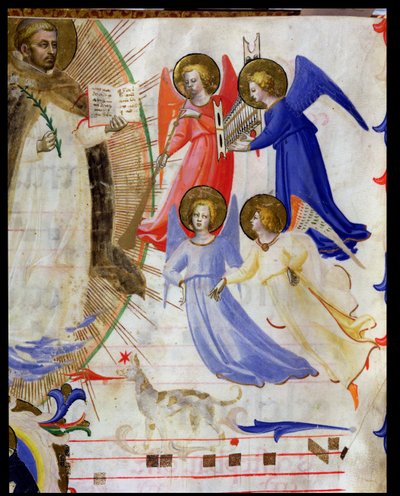 ds 558 f.67v St. Dominic med fire musikalske engle, fra en gradual fra San Marco e Cenacoli vellumdetalje af 88937 & 79797 af Fra Angelico