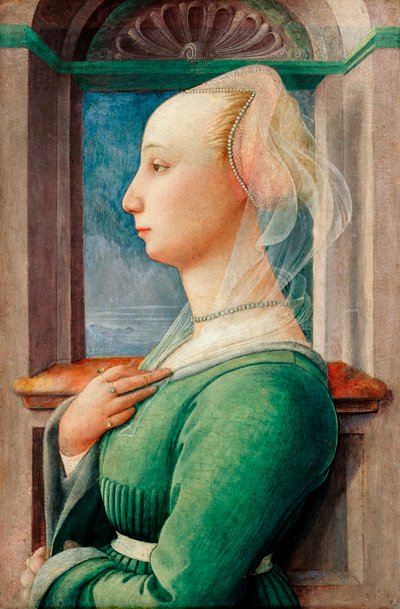 "Profilportræt af en ung kvinde" Maleri på træ af Filippo Lippi (1406-1469), ca 1445 - Olie på træ, 49,5x32,7 - Staatliche Museen, Berlin af Fra Filippo Lippi