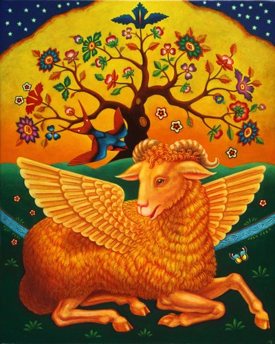 Vædderen med det gyldne skind, 2011 (olier og tempera på panel) af Frances Broomfield