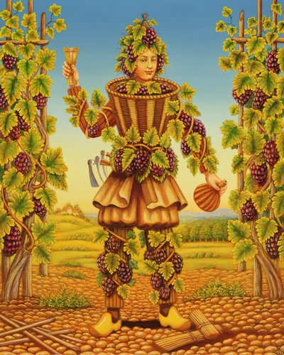The Vignerons Habit, 1998 (olie og tempera på panel) af Frances Broomfield