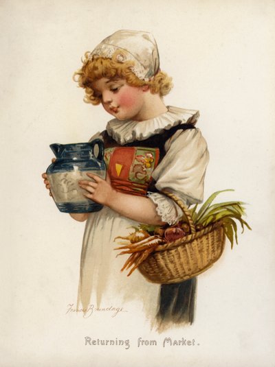 Piger: Vender tilbage fra markedet (farve litho) af Frances Brundage