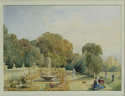 Udsigt over haverne ved Chatsworth, Derbyshire, ca. 1820 (par 85760) af Frances Elizabeth Swinburne