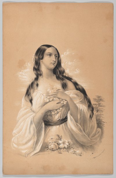 Woman Holding Flowers, i The New York Drawing Book, Containing a Series of Original Design..., 1847. af Frances Flora Bond Palmer